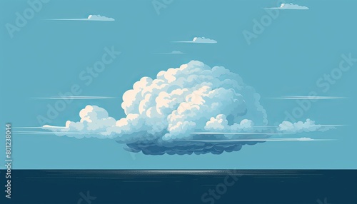 The image shows a large white cloud in the center with a dark blue sea below and a light blue sky with few clouds above.