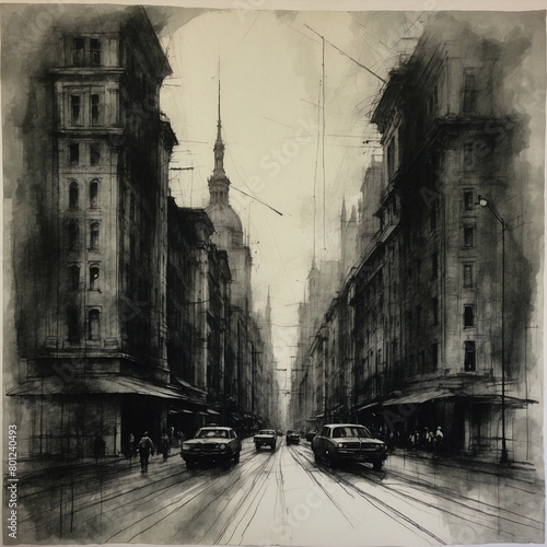 Urban Sketch of a Street with Cars and Buildings