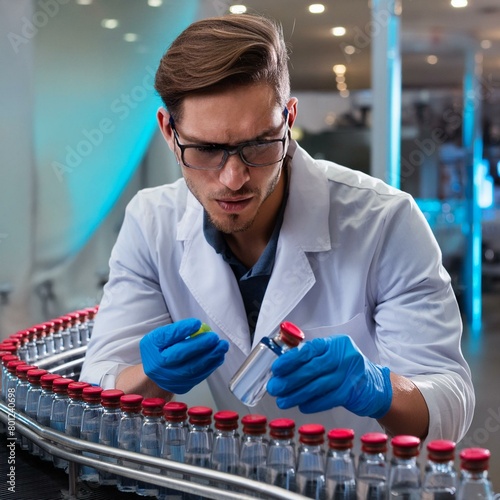 Pharmacist scientist with sanitary gloves examining medical vials on a production line_