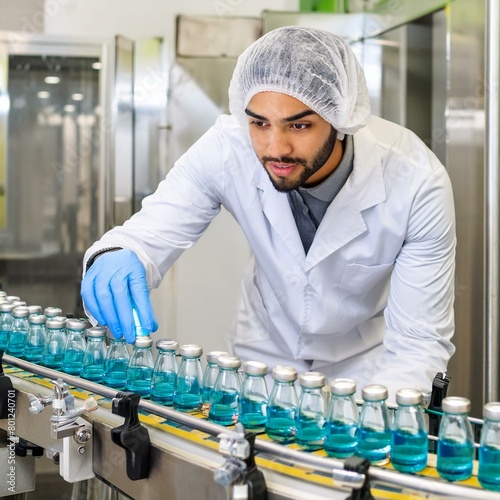Pharmacist scientist with sanitary gloves examining medical vials on a production line_