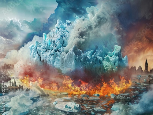 compelling mixed media campaign highlighting the urgent issue of global warming and the threat of an overheating planet Earth. Picture striking images of polar ice caps melting, 