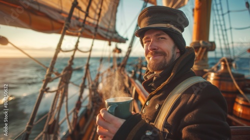 Portrait of medieval ship crew of a vintage sail ship in sea.