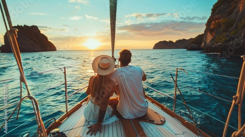 A lovely couple on deck of yacht enjoy sunset in sea.