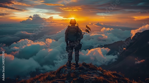 Indian army soldier with National flag of India standing at the mountain. Sunset background, sunrise background, Happy Independence Day