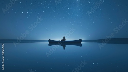 Lonely canoe boat kayak in still water with night sky