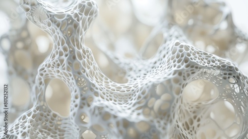 Studio shot illustrating the process of scaffolding in tissue engineering, showing the detailed mesh structures that support cell growth, depicted in a realistic manner