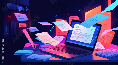 Illustration of digital files and laptop on neon background. Working with documents online, digitalization and data storage concept