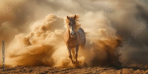 A beautiful palomino horse running in the desert