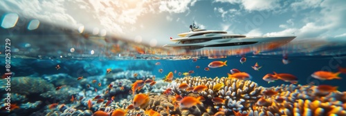Beautiful colorful fish underwater with tropical palm tree island and yacht in sea.