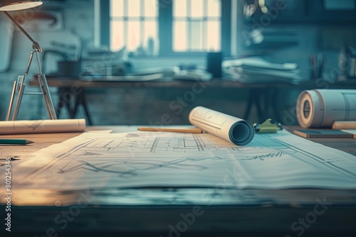 A Construction Blueprint on a Desk, architectural bureaus, construction engineers, and design companies. The background showcases drafting tools and sheets featuring construction plans on a desk.