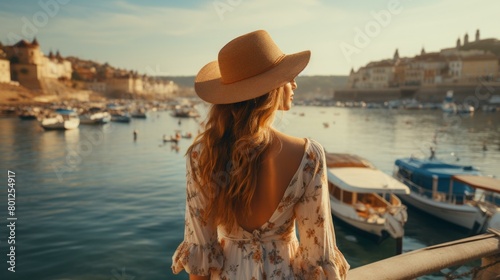 Blonde woman in a straw hat looking at the harbor