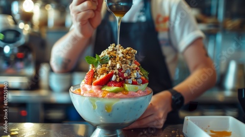 A barista crafting a colorful layered smoothie bowl, topped with granola, fresh fruit, and a drizzle of honey for a nutritious and Instagram-worthy breakfast option