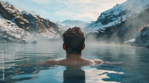 Male relax in hot spring spa with snow mountain in winter.