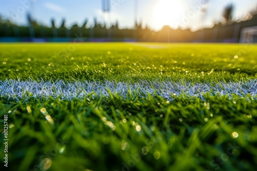 Close-up of green artificial grass texture of a soccer field with white line marking