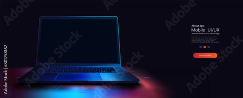 Futuristic mockup Laptop with Blue Backlight on Dark Background. A 3D illustration of an open laptop illuminated by a neon blue light on a dark backdrop, showcasing modern technology and connectivity.