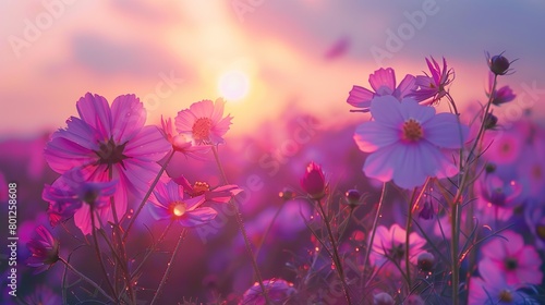 A field of flowers at sunset. The flowers are mostly pink and purple, with some white flowers as well. 