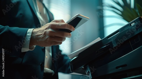 Closeup a businessman hand holding a mobile phone while using printer scanner in office. Generate AI