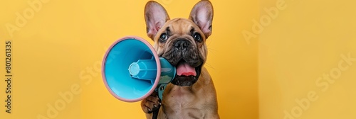 Delightful small dog making an announcement through a megaphone in a captivating manner