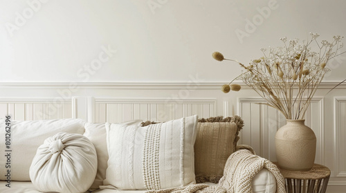 A cozy white wall, painted in ivory and champagne tones, complements wainscoting adorned with earthy hues, evoking the ambiance of a rustic countryside retreat.