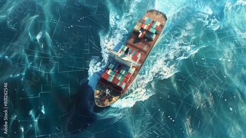 Futuristic depiction of a cargo ship enhanced with digital connectivity at sea, illustrating modern maritime technology