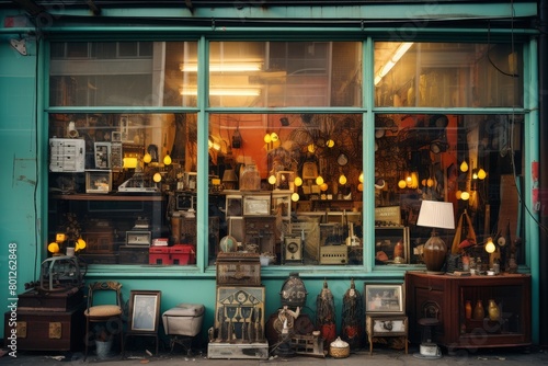 A Vibrant Pawn Shop Displaying an Eclectic Mix of Items in the Window, Reflecting the Diversity of its Inventory