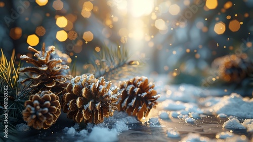 Enchanting winter scene with festive decorations and glowing lights amid falling snowflakes