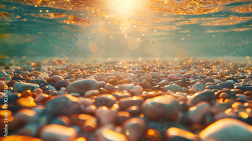 underwater view of pebbles and water, blurred background with sun reflections, warm colors, ultra realistic photography in the style of unknown artist