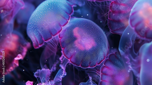 Abstract background with group of jellyfish with purple and blue hues