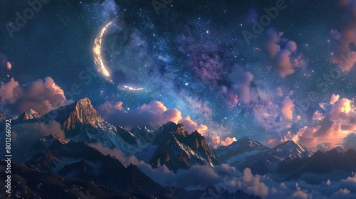 This image shows a night sky with stars, a crescent moon, and clouds over a mountain range.