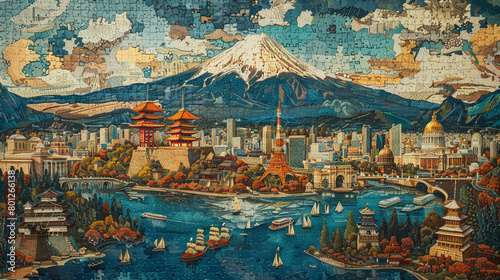 Aerial views of legendary landmarks including Mount Fuji and the Colosseum