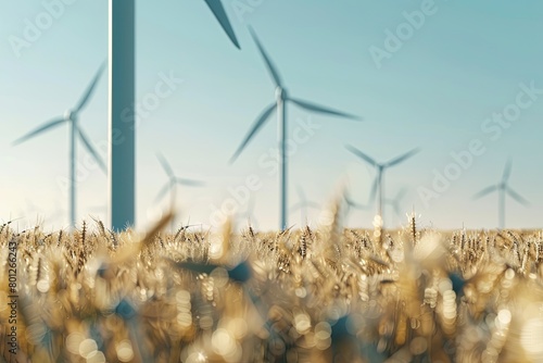 Wind Turbine Fields, Ideal for companies in wind energy and eco-tech. Background shows fields with rotating turbines. Generative AI.