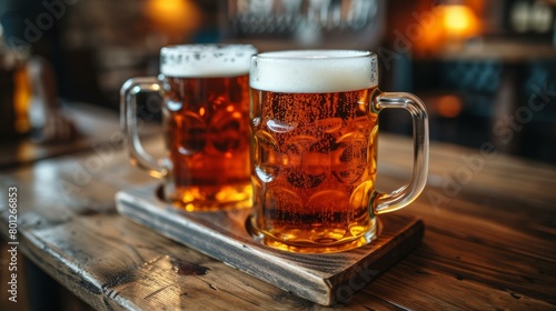 Two Full Beer Mugs on a Wooden Table in a Pub