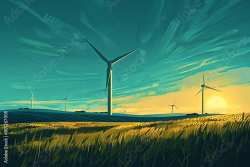 Wind Turbine Fields, Ideal for wind energy and eco-tech companies. Depicts rotating turbines in vast fields. Generative AI.