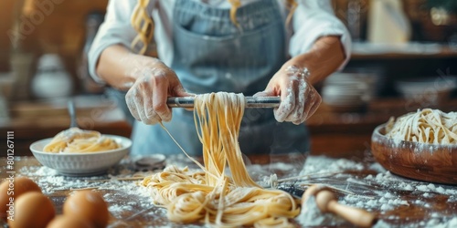 A woman makes fresh pasta in the kitchen
