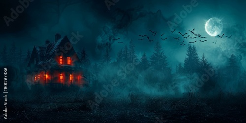 Haunted house in the middle of a dark forest with a full moon and bats flying around