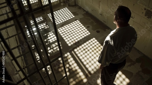 A reflective moment captured as a prisoner stares out from behind the bars of his cell, sunlight casting shadows on the floor