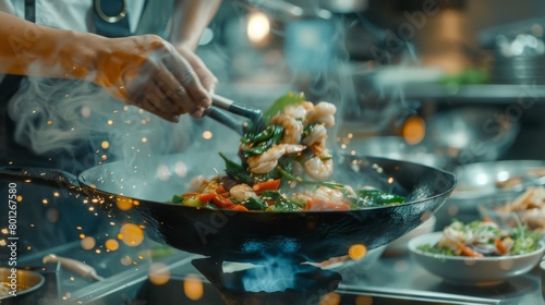 A chef tossing ingredients in a wok to create a flavorful Thai basil seafood stir-fry, showcasing the versatility of seafood in Thai culinary creations.