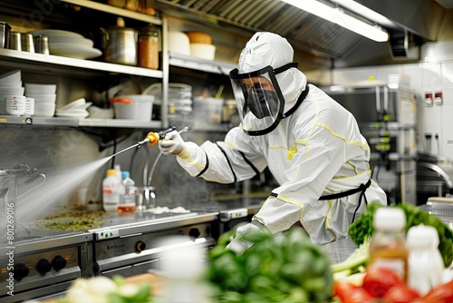 A pest control specialist in full protective gear uses equipment to treat a commercial kitchen, ensuring safety and hygiene.