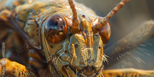 A close up of a giant grasshopper's face. 