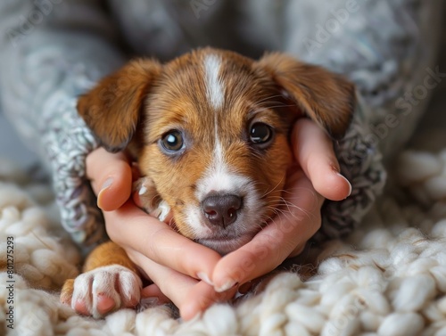 Little puppy dog in female hands. Puppy in woman's lap. Concept of love for animals, pets adoption and care