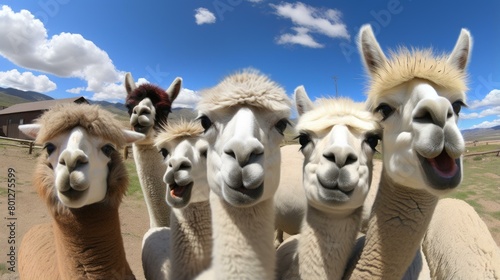 A group of alpacas looking at the camera