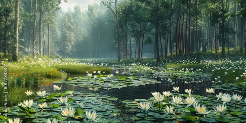 Misty Forest Lake with White Water Lilies