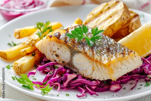 Seabass with pickled cucumber, red cabbage and fries