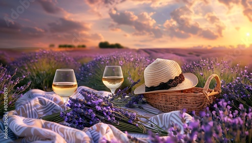  lavender fields in full bloom under the golden sunset, with two glasses of white wine and an elegant straw hat resting on soft fabric nearby
