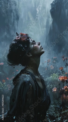 A beautiful dark-haired woman with flowers in her hair stands in a field of flowers in the rain.