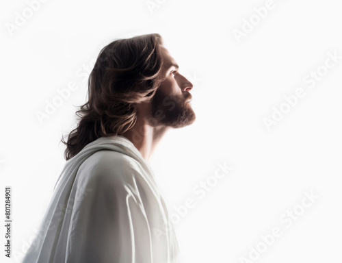 Side portrait of Jesus Christ resurrected from the dead, bright light and white background Heaven and Easter concept, Generative AI 