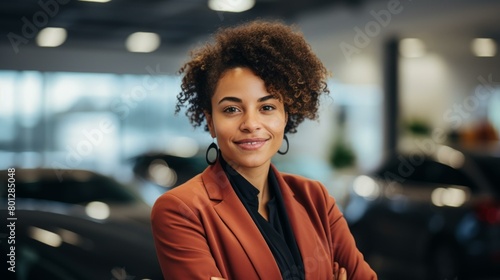 Portrait of a young African-American woman standing in a car dealership showroom