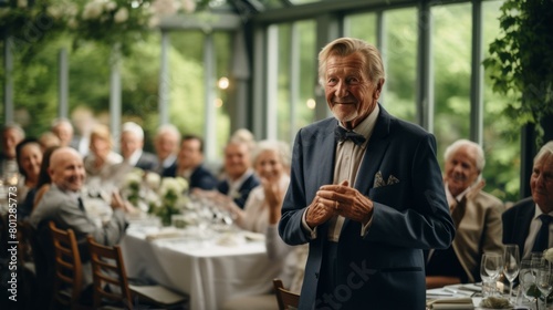 An elderly man giving a speech at a wedding reception
