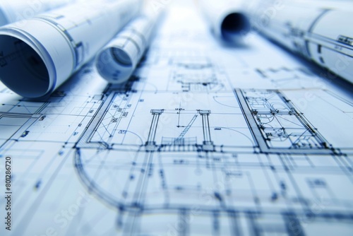 A detailed close-up of meticulously planned blueprints against a white backdrop, showcasing the precision in construction design.