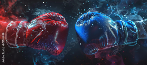 Red and blue boxing gloves that combine fighting spirit